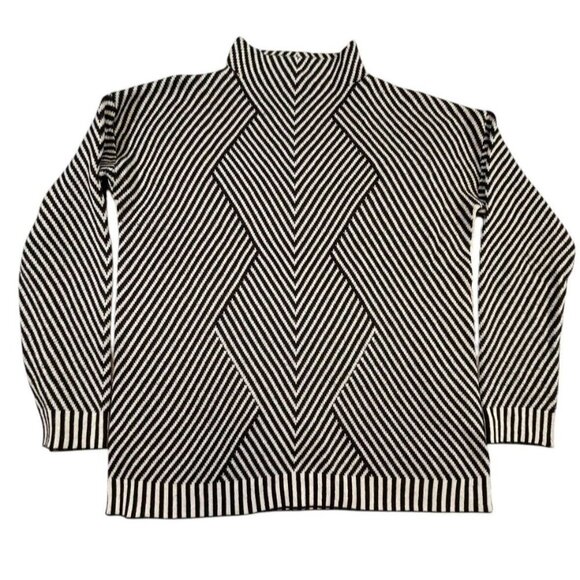 Fate Sweaters - Fate Women's Black/White Wool Blend Striped Mock Neck Sweater SIZE-LARGE